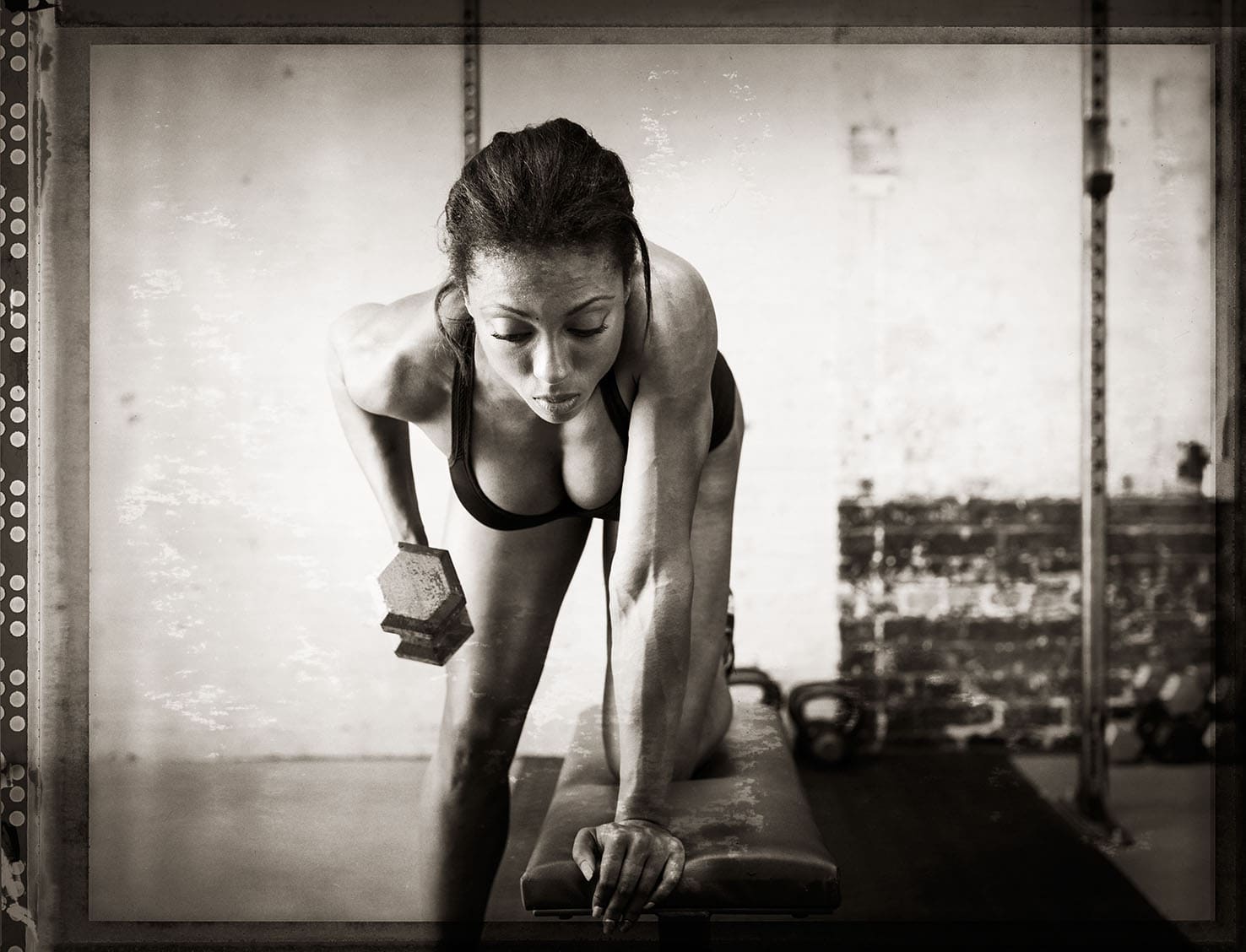 Black and White Front Image Athlete Nicole Harris Lifting Weights Two Piece Workout Apparel Chanel