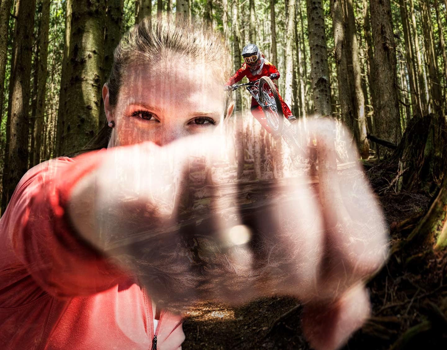 Double Exposure Portrait of Professional Downhill Mountain Biker  Vaea Verbeeck Jumping in the woods Photographer Rod McLean