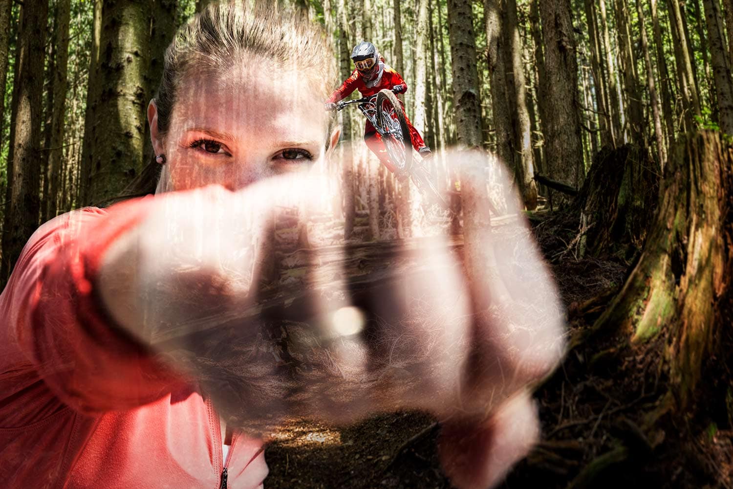 Female-Athlete-portrait-double-exposure-Mountain-Biker-Vaea-Jumping-in-the-woods-Rod-McLean